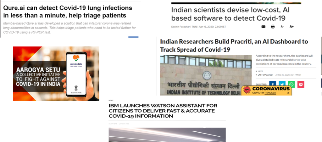 Collection of article title snapshots highlighting innovation in India during COVID-19